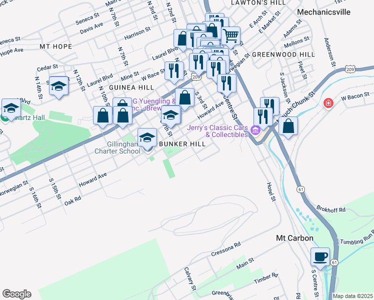 map of restaurants, bars, coffee shops, grocery stores, and more near 611 Pierce Street in Pottsville