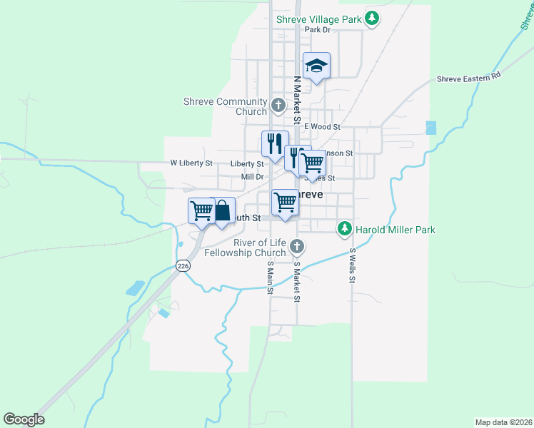 map of restaurants, bars, coffee shops, grocery stores, and more near 191 South Main Street in Shreve