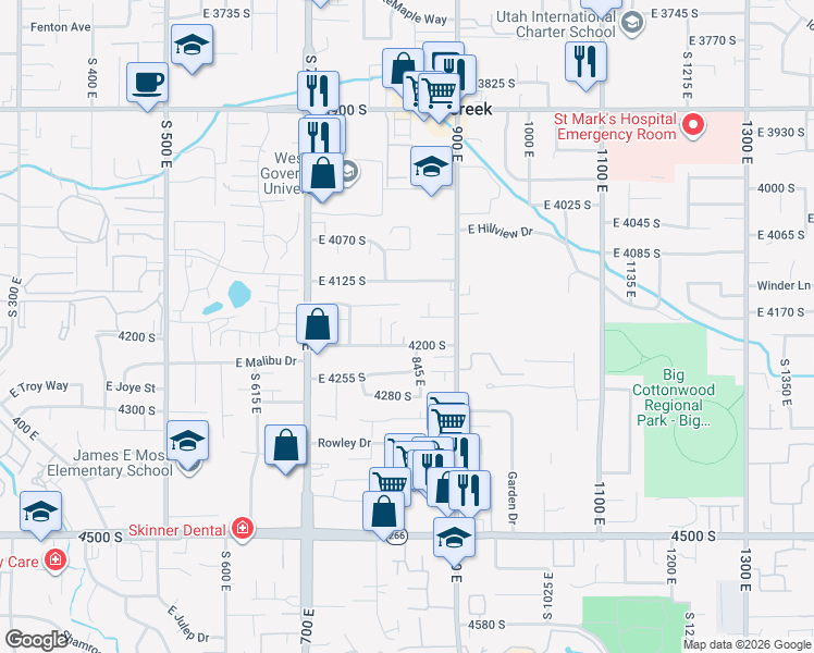 map of restaurants, bars, coffee shops, grocery stores, and more near 838 East 4170 South in Millcreek
