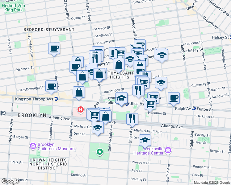 map of restaurants, bars, coffee shops, grocery stores, and more near 103 Chauncey Street in Brooklyn
