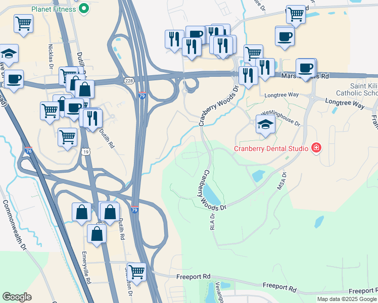 map of restaurants, bars, coffee shops, grocery stores, and more near 1000 Creekview Circle in Cranberry Township