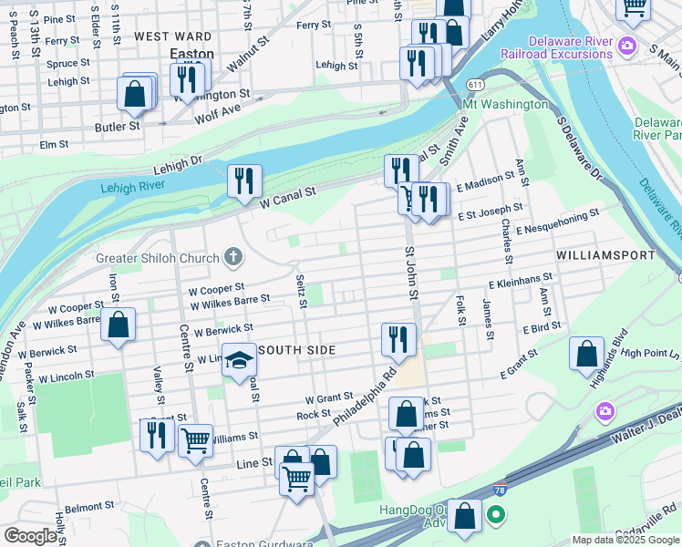 map of restaurants, bars, coffee shops, grocery stores, and more near 339 West Wilkes Barre Street in Easton