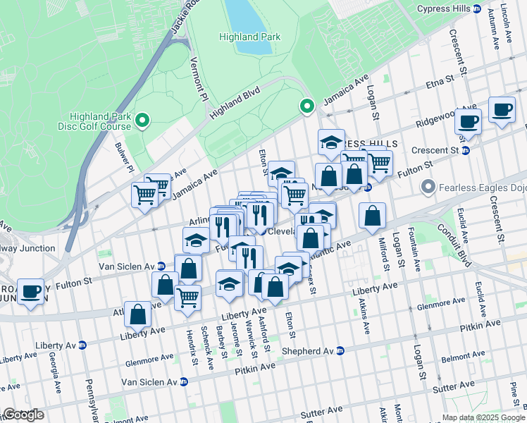 map of restaurants, bars, coffee shops, grocery stores, and more near 250 Arlington Avenue in Brooklyn