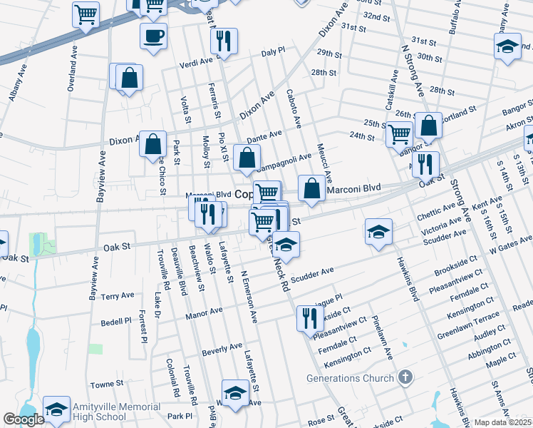 map of restaurants, bars, coffee shops, grocery stores, and more near 1707 Great Neck Road in Copiague