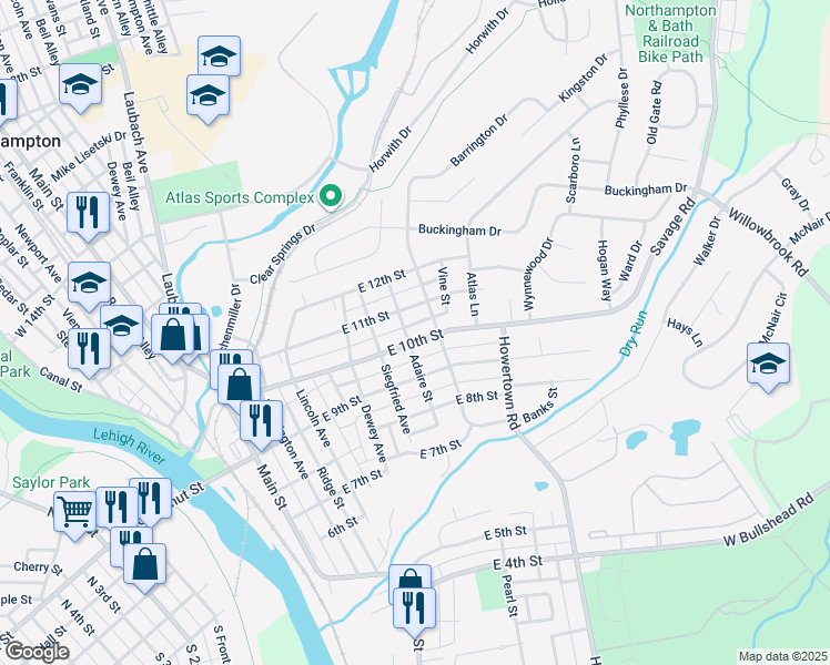 map of restaurants, bars, coffee shops, grocery stores, and more near 436 East 10th Street in Northampton