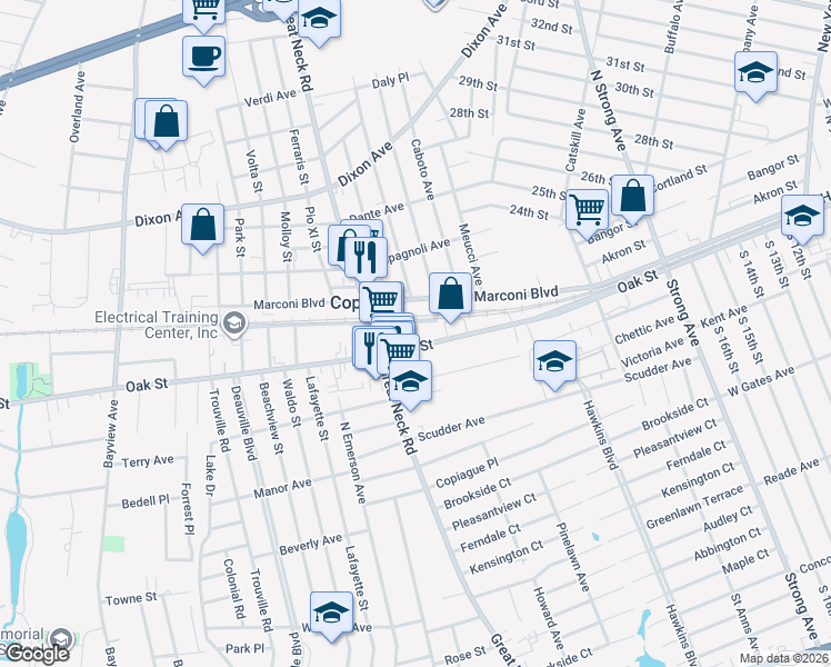 map of restaurants, bars, coffee shops, grocery stores, and more near 512 Oak Street in Copiague