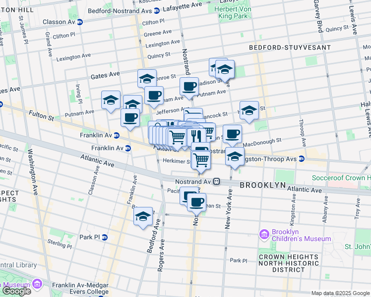 map of restaurants, bars, coffee shops, grocery stores, and more near 53 Herkimer Street in Brooklyn