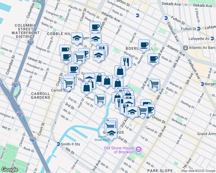 map of restaurants, bars, coffee shops, grocery stores, and more near Sackett Street & Bond Street in Brooklyn