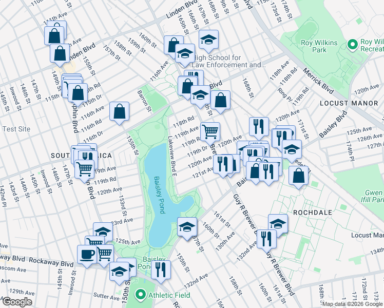 map of restaurants, bars, coffee shops, grocery stores, and more near Long Street in Queens