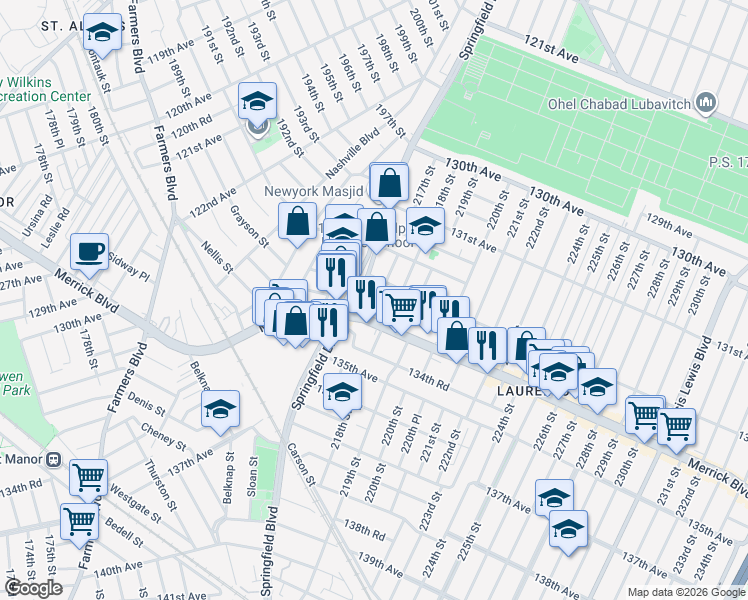 map of restaurants, bars, coffee shops, grocery stores, and more near 21701 Merrick Boulevard in Queens