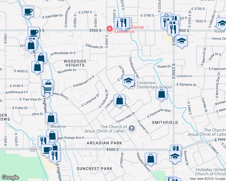 map of restaurants, bars, coffee shops, grocery stores, and more near 4182 South Lynne Lane in Holladay