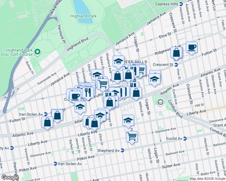 map of restaurants, bars, coffee shops, grocery stores, and more near 3054 Fulton Street in Brooklyn