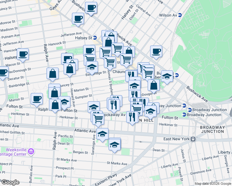 map of restaurants, bars, coffee shops, grocery stores, and more near 272 Sumpter Street in Brooklyn