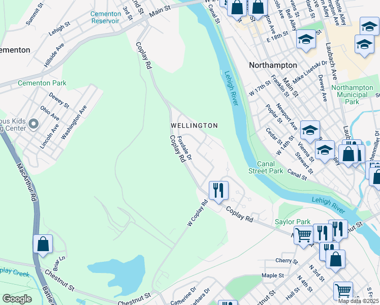 map of restaurants, bars, coffee shops, grocery stores, and more near 5022 Foxdale Drive in Lehigh County