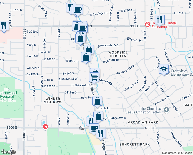 map of restaurants, bars, coffee shops, grocery stores, and more near 1772 Holladay Boulevard east in Holladay