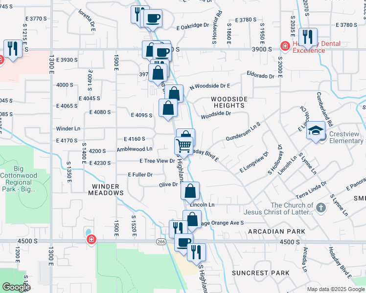 map of restaurants, bars, coffee shops, grocery stores, and more near 4212 Highland Drive in Millcreek