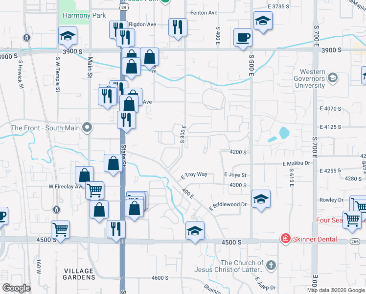 map of restaurants, bars, coffee shops, grocery stores, and more near 235 Gordon Lane in Millcreek