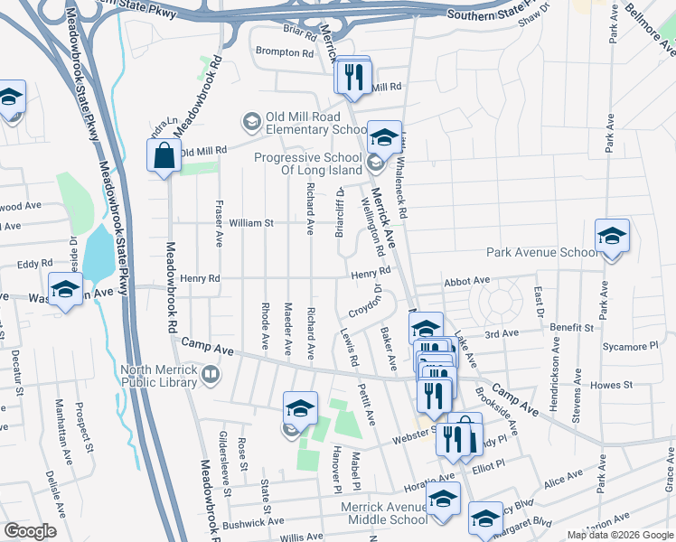 map of restaurants, bars, coffee shops, grocery stores, and more near 4 Henry Court in Merrick