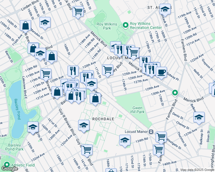 map of restaurants, bars, coffee shops, grocery stores, and more near 127-18 172nd Street in Queens