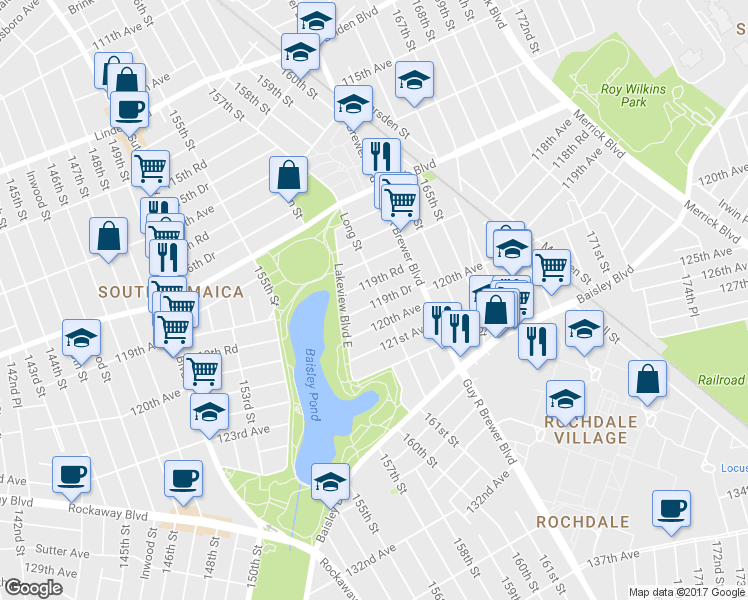 map of restaurants, bars, coffee shops, grocery stores, and more near 160-28 119th Drive in Queens