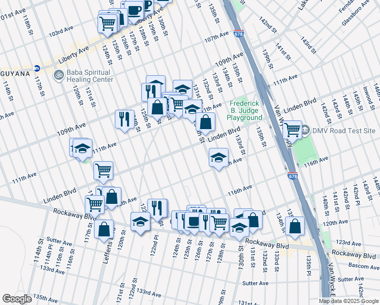 map of restaurants, bars, coffee shops, grocery stores, and more near 114-33 128th Street in Queens
