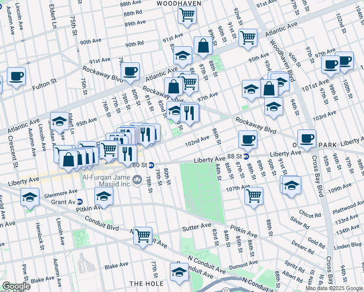 map of restaurants, bars, coffee shops, grocery stores, and more near 81-06 102nd Avenue in Queens