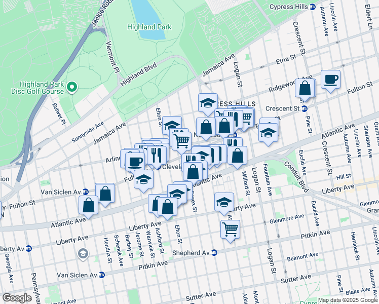 map of restaurants, bars, coffee shops, grocery stores, and more near 179 Essex Street in Brooklyn