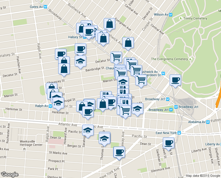 map of restaurants, bars, coffee shops, grocery stores, and more near 202A Macdougal Street in Brooklyn