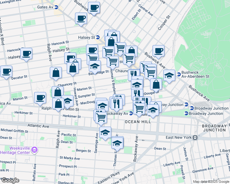 map of restaurants, bars, coffee shops, grocery stores, and more near 181 Macdougal Street in Brooklyn