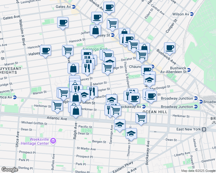 map of restaurants, bars, coffee shops, grocery stores, and more near 184 Saratoga Avenue in Brooklyn