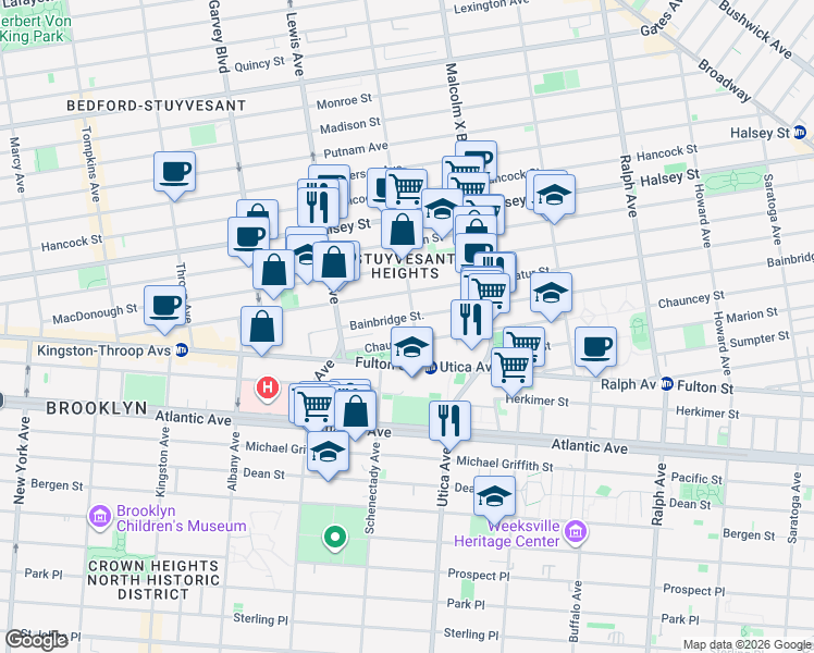 map of restaurants, bars, coffee shops, grocery stores, and more near 103 Chauncey Street in Brooklyn