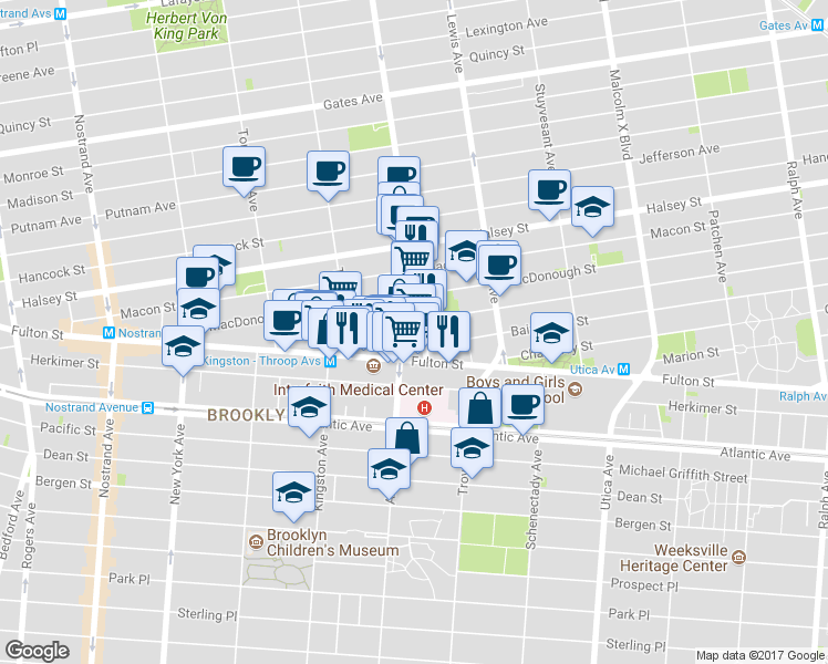 map of restaurants, bars, coffee shops, grocery stores, and more near 1583 Fulton Street in Brooklyn