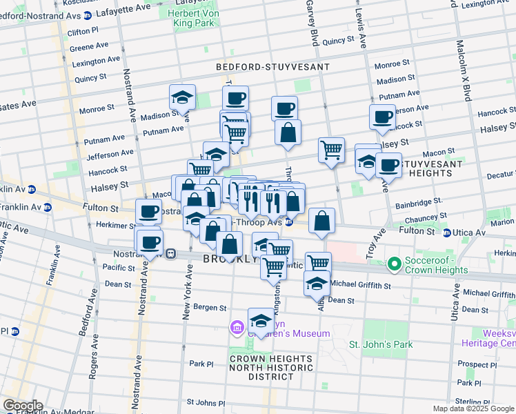 map of restaurants, bars, coffee shops, grocery stores, and more near 1471 Fulton Street in Brooklyn