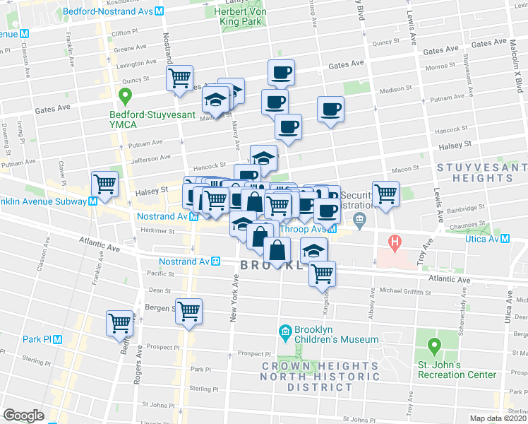 map of restaurants, bars, coffee shops, grocery stores, and more near 1380 Fulton Street in Brooklyn
