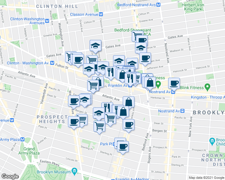 map of restaurants, bars, coffee shops, grocery stores, and more near 1035 Atlantic Avenue in Brooklyn