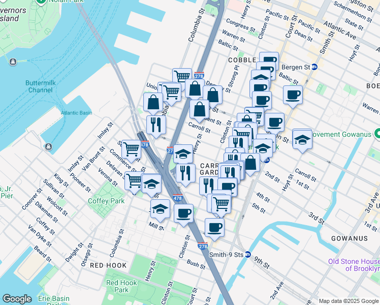 map of restaurants, bars, coffee shops, grocery stores, and more near 619 Henry Street in Brooklyn