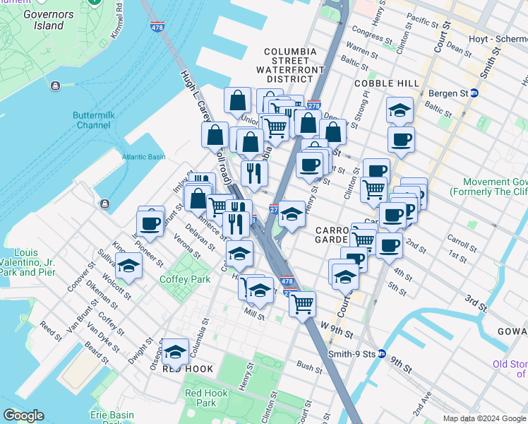 map of restaurants, bars, coffee shops, grocery stores, and more near 166 Hamilton Avenue in Brooklyn