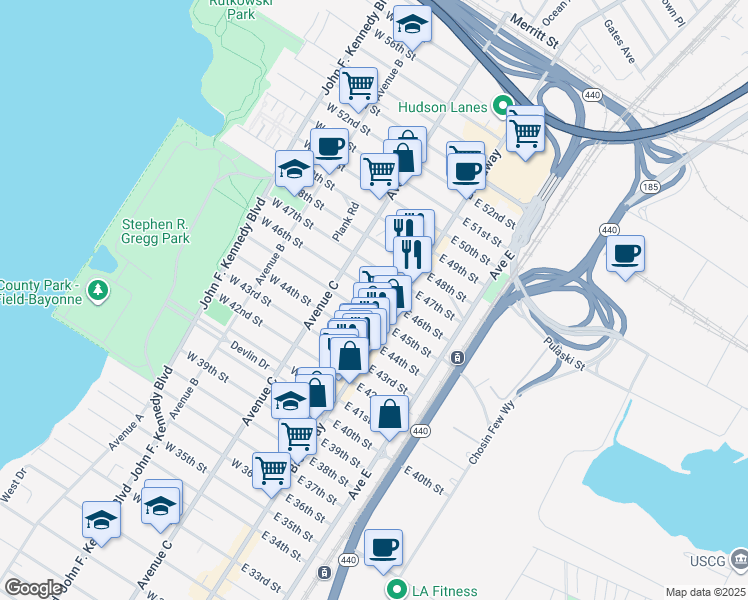map of restaurants, bars, coffee shops, grocery stores, and more near 24 West 45th Street in Bayonne
