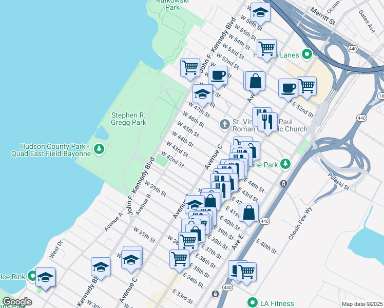 map of restaurants, bars, coffee shops, grocery stores, and more near 74-76 East 43rd Street in Bayonne