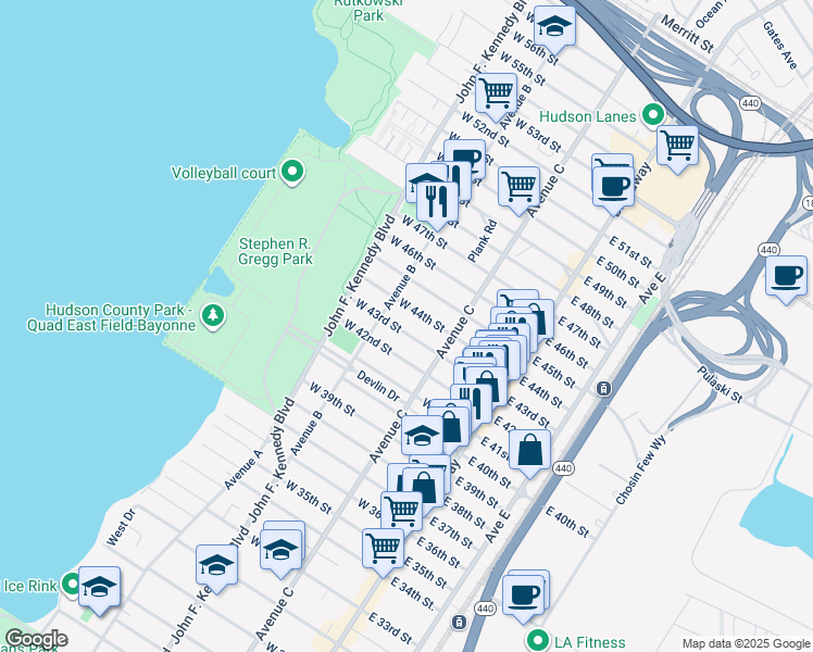 map of restaurants, bars, coffee shops, grocery stores, and more near 74-76 East 43rd Street in Bayonne