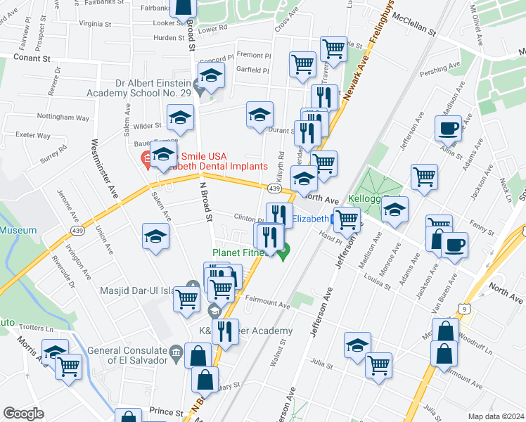 map of restaurants, bars, coffee shops, grocery stores, and more near 1252 Clinton Place in Elizabeth