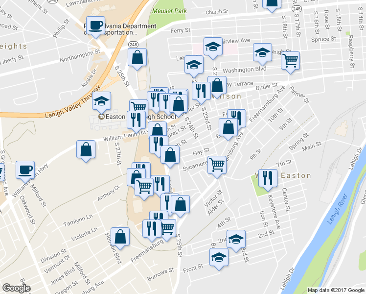 map of restaurants, bars, coffee shops, grocery stores, and more near 2465 Hay Street in Easton