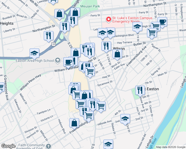 map of restaurants, bars, coffee shops, grocery stores, and more near 2465 Hay Street in Easton