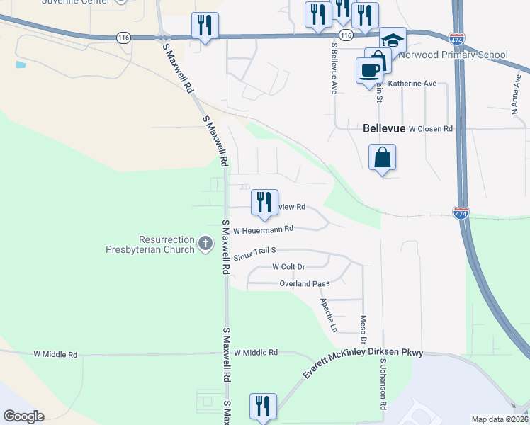 map of restaurants, bars, coffee shops, grocery stores, and more near 5923 W Heuermann Rd in Peoria