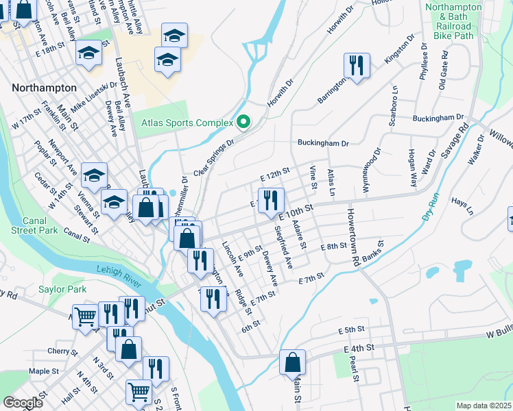 map of restaurants, bars, coffee shops, grocery stores, and more near 348 East 11th Street in Northampton