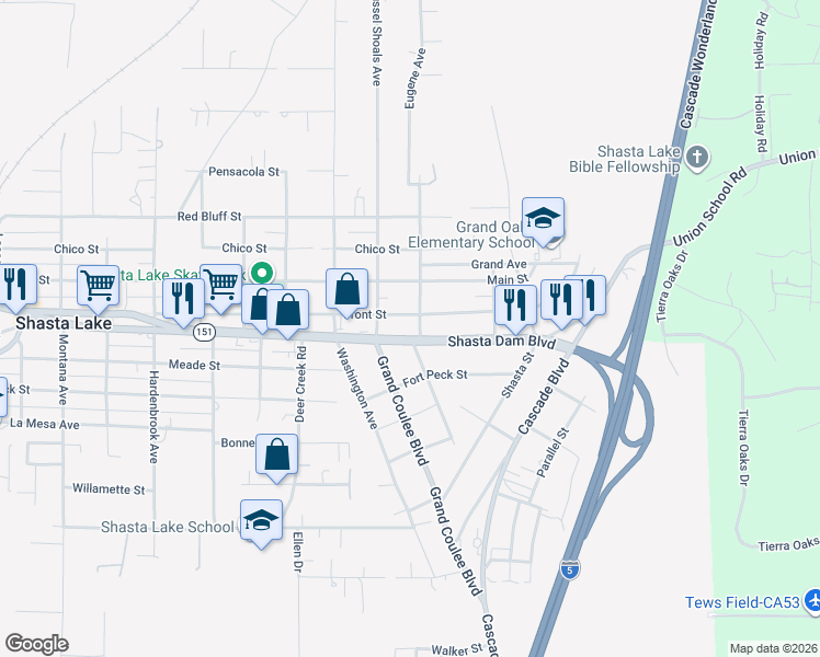 map of restaurants, bars, coffee shops, grocery stores, and more near 5012 Shasta Dam Boulevard in Shasta Lake