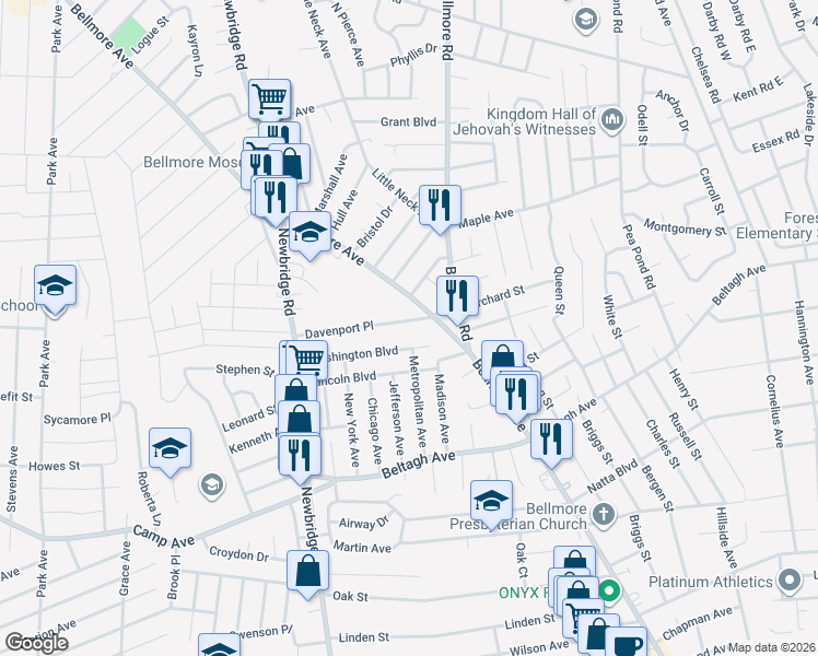 map of restaurants, bars, coffee shops, grocery stores, and more near 2562 Washington Boulevard in North Bellmore