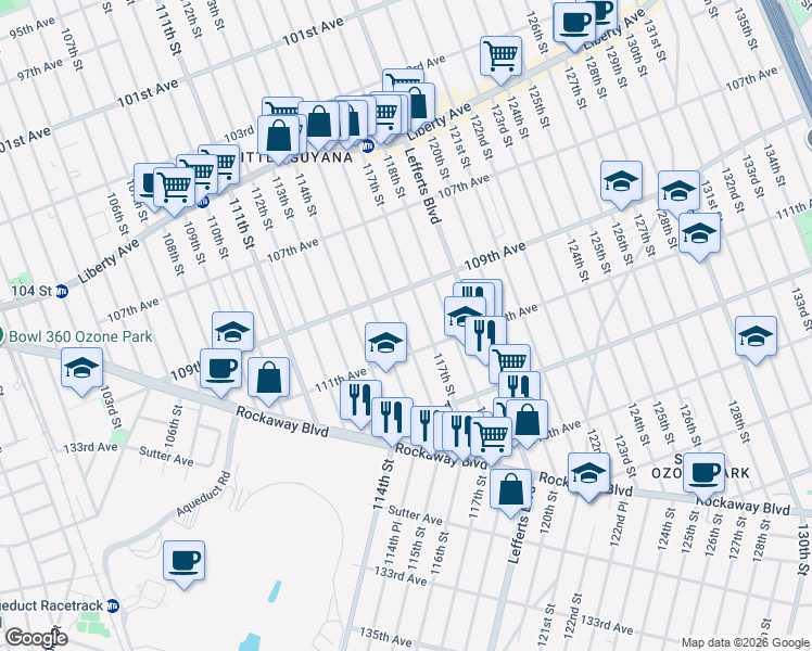 map of restaurants, bars, coffee shops, grocery stores, and more near 115-17 111th Avenue in Queens
