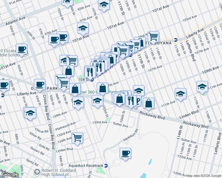map of restaurants, bars, coffee shops, grocery stores, and more near 107-37 105th Street in Queens