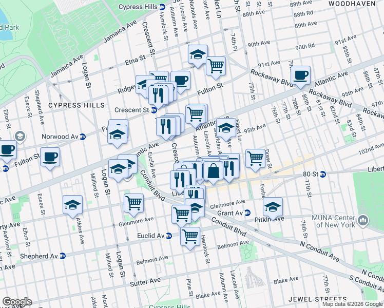 map of restaurants, bars, coffee shops, grocery stores, and more near 124 Weldon Street in Brooklyn
